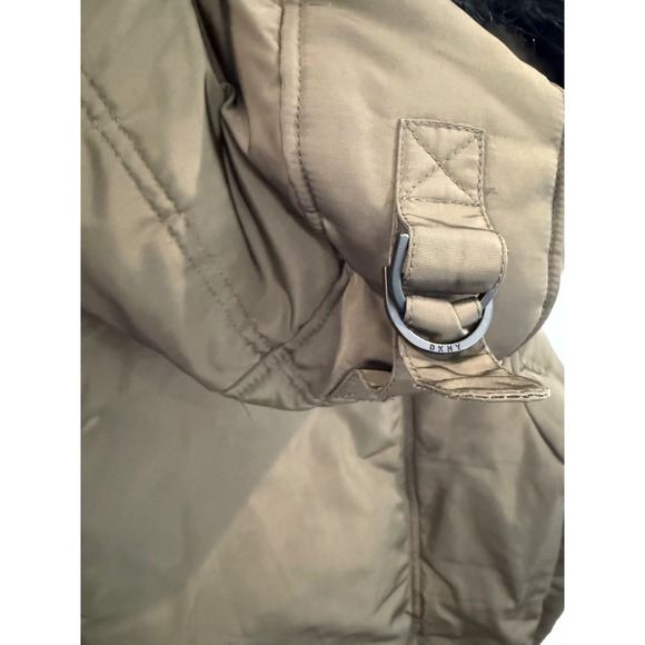DKNY Women's Puffer Bomber Jacket Faux Fur Trim Hooded Khaki Olive Green - Picture 6 of 7
